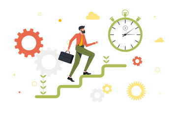 business man running up the career ladder. Career development banner. Concept of self build career, personal growth, professional progress. Get the job done. Stopwatch. Vector illustration. isolated