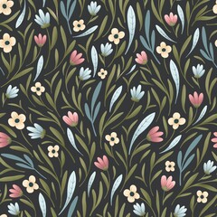 seamless floral pattern. spring flowers and herbs on a gray background. colored pattern with small pink, blue and yellow flowers. illustration