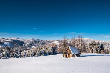 Cottage house in the mountains during the winter