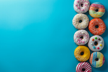 Set of donuts on blue background.