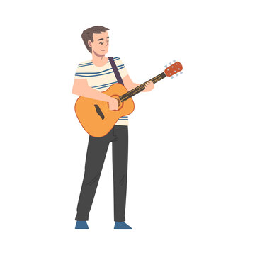 Man Playing Guitar, Male Musician Playing Strings at Musical Performance or Learning to Play Musical Instrument Cartoon Style Vector Illustration