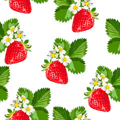 Strawberries  with leaves and flowers vector seamless pattern