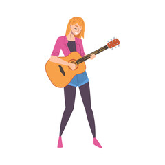 Pretty Girl in Casual Clothes Playing Guitar, Woman Musician Guitarist Character Performing at Concert Cartoon Style Vector Illustration