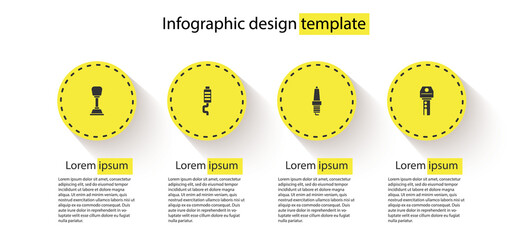 Set Gear shifter, Car muffler, spark plug and key with remote. Business infographic template. Vector.