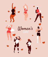 Happy beautiful girls dancing. International womens day. 8 march. Different skin color and body size women characters dressed in lingerie. Flat vector illustration for postcard, banner, poster. Eps 10