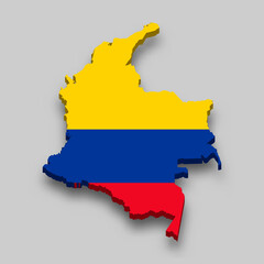 3d isometric Map of Colombia with national flag.