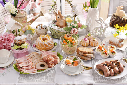traditional Easter dishes on festive table in Poland