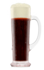 Frosty glass of fresh stout beer with bubble froth isolated on white background.