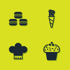 Set Macaron cookie, Cake, Chef hat and Ice cream in waffle cone icon. Vector.