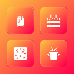 Set Beer can with foam, Pack of beer bottles, bubbles and in ice bucket icon. Vector.