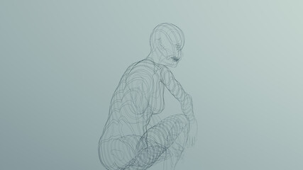 Black Line Art Woman Kneeling Wireframe Sculpture 3d illustration render