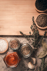 Ingredients, tomato puree, herbs, spices, space to write recipes