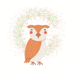 Cute funny owl in floral frame, isolated on white. Hand drawn wild bird, flowers vector illustration. Scandinavian style woodland. Flat design. Concept for kids fashion, textile print, poster, card