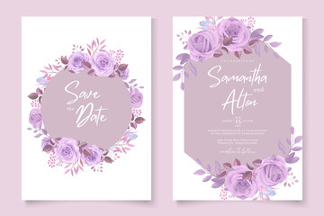Minimalist wedding invitation design with purple roses