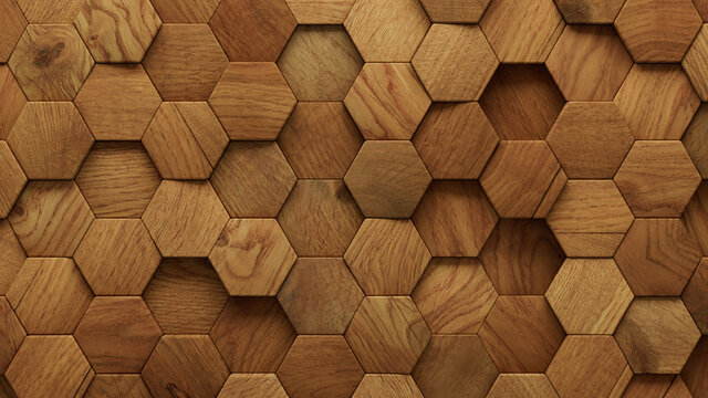 Wood Block Wall background. Mosaic Wallpaper with Light and Dark Timber Hexagon tile pattern. 3D Render 