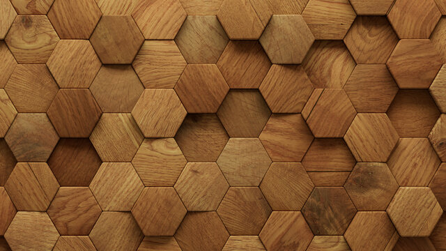 Wood Block Wall Background. Mosaic Wallpaper With Light And Dark Timber Hexagon Tile Pattern. 3D Render 