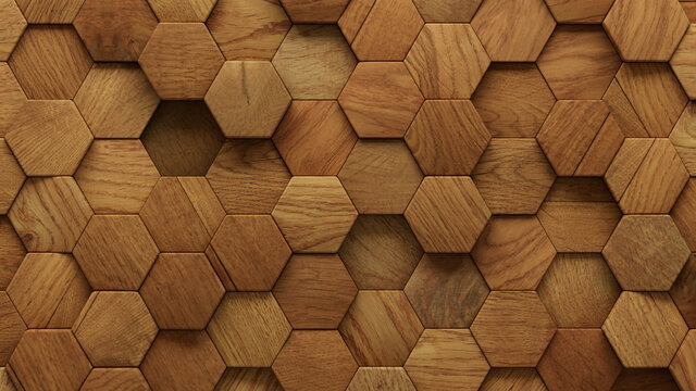Wood Block Wall background. Mosaic Wallpaper with Light and Dark Timber Hexagon tile pattern. 3D Render 