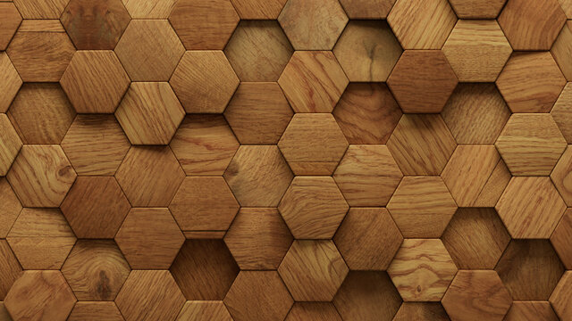 Wood Block Wall background. Mosaic Wallpaper with Light and Dark Timber Hexagon tile pattern. 3D Render 