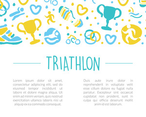 Fototapeta premium Triathlon Banner with Space for Text, Sports Event, Marathon, Competition, Championship Invitation, Banner, Poster, Logo Template Hand Drawn Vector Illustration