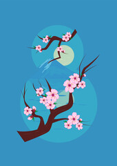Cycle of postcards for women for International Women's Day. Sakura flowers and numbers eight on a blue background. Art & Illustration