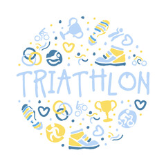 Triathlon Banner Template, Sports Event, Marathon, Competition, Championship, Club Invitation, Banner, Poster, Logo Hand Drawn Vector Illustration