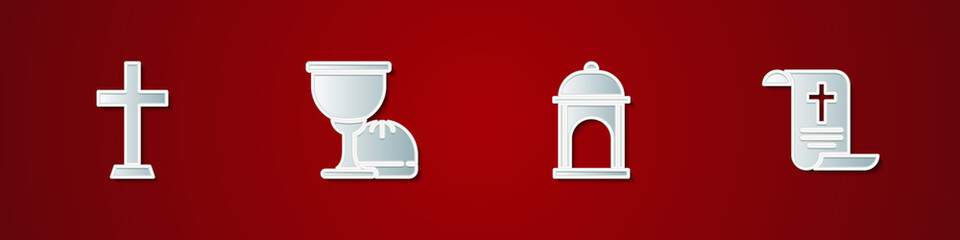 Set Christian cross, Holy grail or chalice, Muslim Mosque and Decree, paper, parchment, scroll icon. Vector.