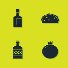 Set Tequila bottle, Tomato, and Taco with tortilla icon. Vector.