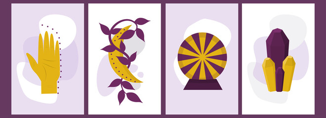 A set of celestial posters with a female hand and symbols. Esotericism and palmistry, the symbol of the moon and the sun. The mystical banner. Talismans and occult items.Vector illustration.