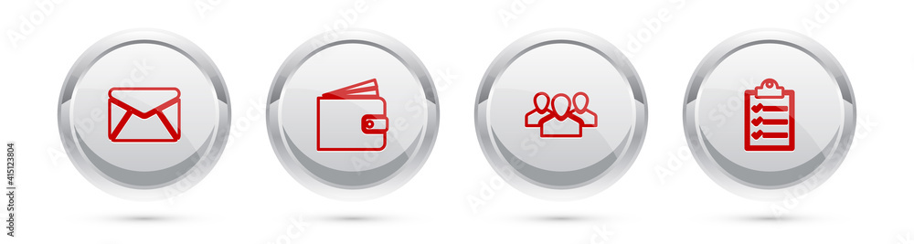 Poster set line envelope, wallet, users group and clipboard with checklist. silver circle button. vector.