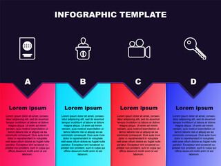 Set line Passport, Information desk, Movie Video camera and Key. Business infographic template. Vector.