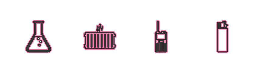 Set line Test tube and flask, Walkie talkie, Heating radiator and Lighter icon. Vector.