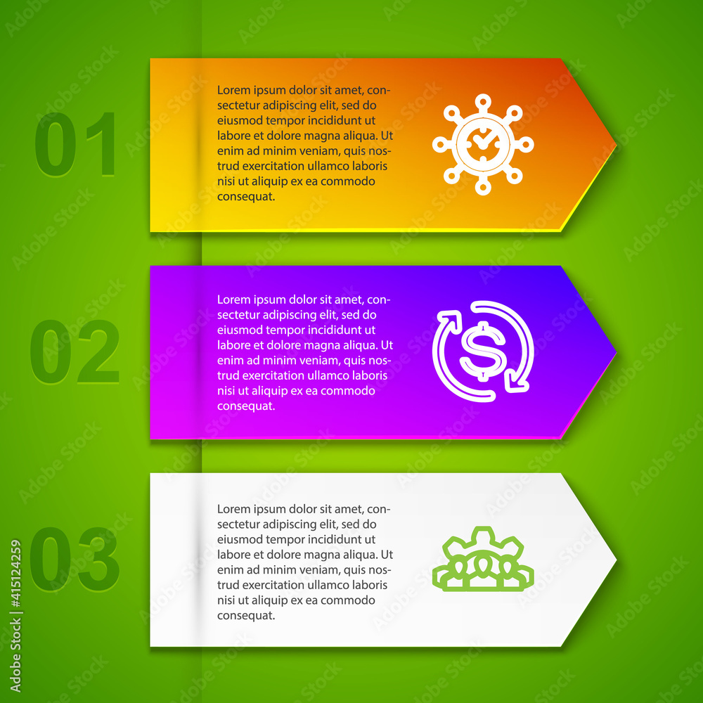 Poster set line clock and gear, return of investment, project team base and shield with check mark. busines