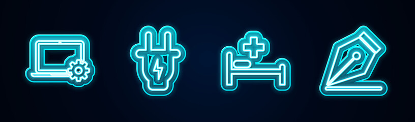 Set line Laptop and gear, Electric plug, Hospital bed and Fountain pen nib. Glowing neon icon. Vector.
