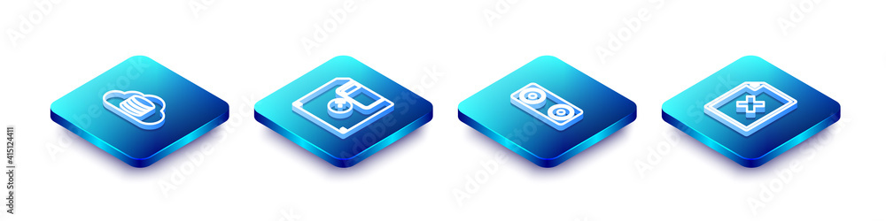 Poster set isometric line cloud database, floppy disk, stereo speaker and delete file document icon. vector