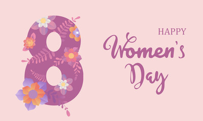 Banner for International Women's Day. Flyer for March 8 with flower decoration. Number 8  in cut paper style with spring plants, leaves and flowers