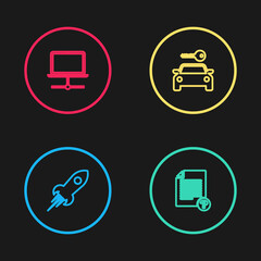 Set line Rocket ship with fire, Unknown document, Car rental and Computer network icon. Vector.