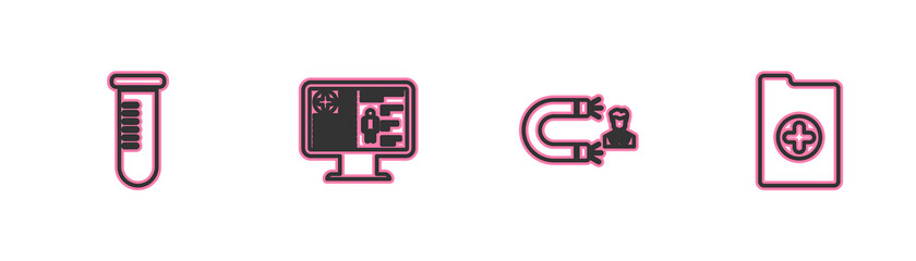 Set line Test tube or flask, Customer attracting, Clinical record on monitor and icon. Vector.