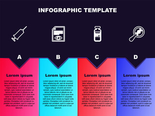 Set line Syringe, Paper page with eye, Medical vial, ampoule and DNA research, search. Business infographic template. Vector.