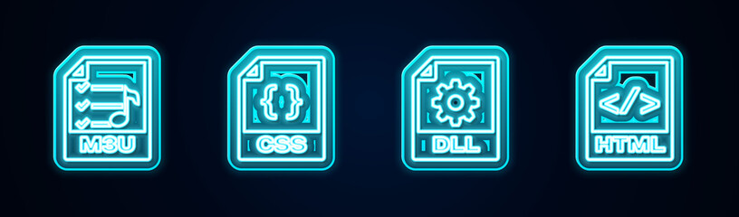 Set line M3U file document, CSS, DLL and HTML. Glowing neon icon. Vector.