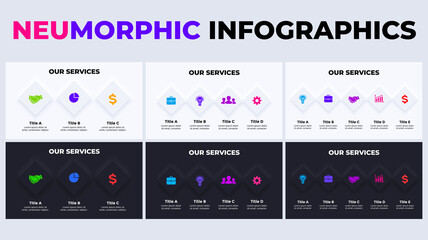 Neumorphic Vector Infographic. Presentation slide template. Light and dark. Neumorphism ui design. Squares with icons. 3, 4, 5 steps.