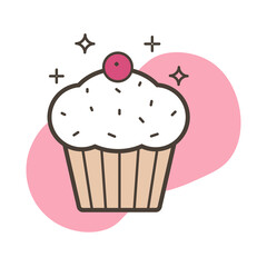 Vector icon of the muffin with white cream and berries. The logo for the confectionery