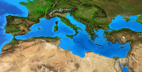 Physical map of Mediterranean Sea. Detailed flat view of the Planet Earth and its landforms. 3D illustration - Elements of this image furnished by NASA © mozZz