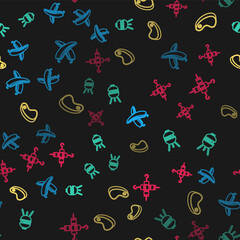 Set line Crossed hot chili pepper pod, Barbecue grill, Steak meat and Grilled shish kebab on seamless pattern. Vector.