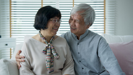 Portrait of happy senior asian couple relax sitting smile at home indoor on sofa couch looking at camera with enjoy retirement or quarantine time. Attractive asia adult older people happy lifestyle.