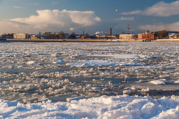 Begining of ice drift on the Neva river, Saint Petersburg