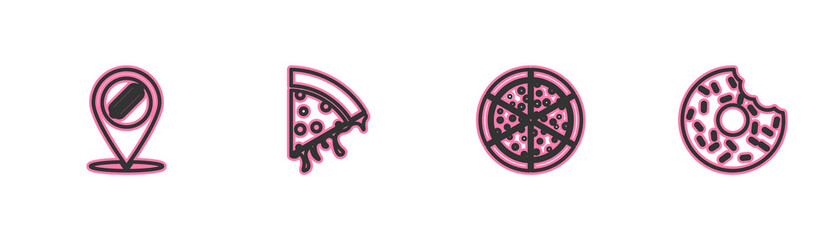 Set line Location with hotdog, Pizza, Slice of pizza and Donut icon. Vector.