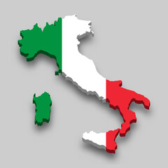 3d isometric Map of Italy with national flag.