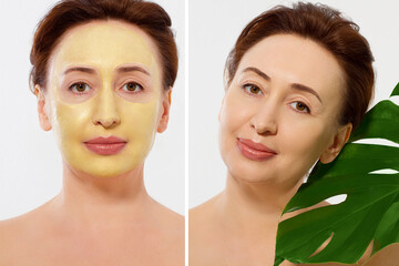 Middle age closeup woman face before after beauty mask treatment. Before-after wrinkled skin. Summer anti aging collagen mask on woman wrinkle face isolated. Mid aged facial skincare. Menopause period