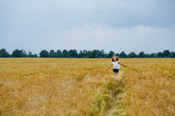 A little girl runs through a wheat field against a cloudy sky. Rural landscape.