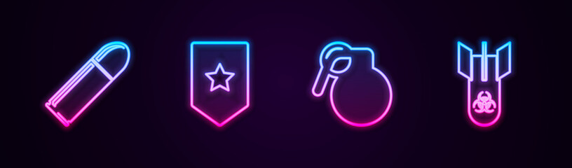 Set line Bullet, Chevron, Hand grenade and Biohazard bomb. Glowing neon icon. Vector.